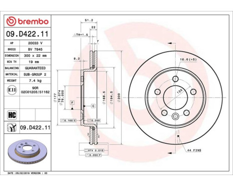 Brake Disc COATED DISC LINE 09.D422.11 Brembo, Image 2