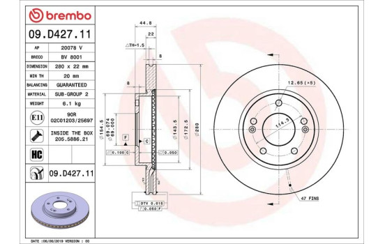 Brake Disc COATED DISC LINE 09.D427.11 Brembo, Image 2