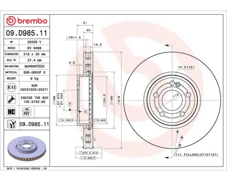 Brake Disc COATED DISC LINE 09.D985.11 Brembo