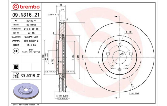 Brake Disc COATED DISC LINE 09.N316.21 Brembo