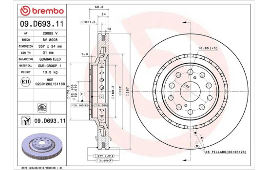 Brake Disc COATED DISC LINE 09D69311 Brembo