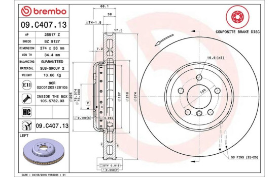 Brake Disc TWO-PIECE DISCS LINE 09.C407.13 Brembo, Image 2