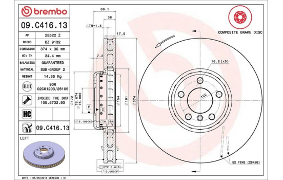 Brake Disc TWO-PIECE DISCS LINE 09.C416.13 Brembo, Image 2
