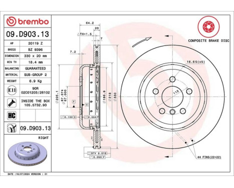Brake Disc TWO-PIECE DISCS LINE 09.D903.13 Brembo, Image 2