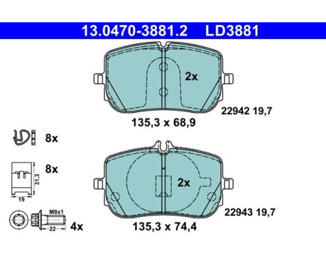 Brake pad set, disc brake 13.0470-3881.2 ATE