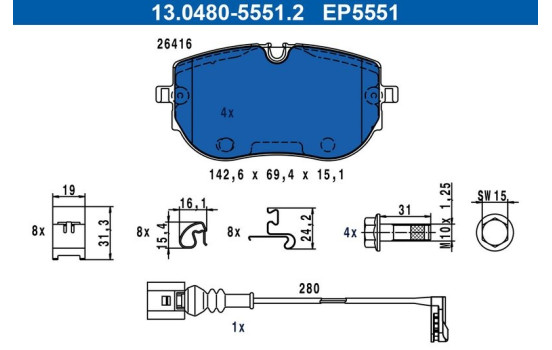 Brake pad set, disc brake 13.0480-5551.2 ATE