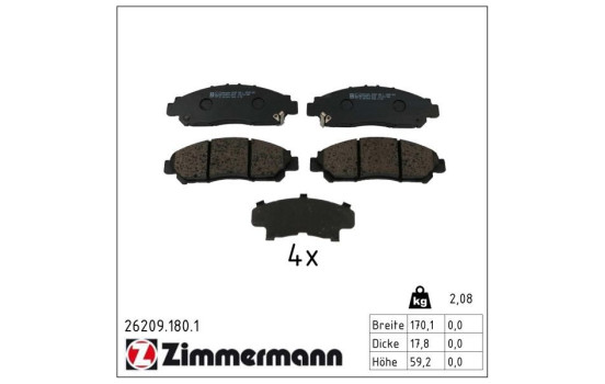 Brake pad set, disc brake 26209.180.1 Zimmermann
