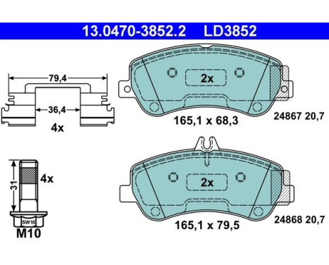 Brake Pad Set, disc brake ATE Ceramic 13.0470-3852.2, Image 2