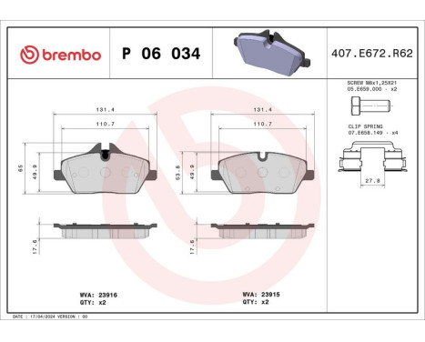 Brake Pad Set, disc brake BREMBO XTRA LINE P 06 034X, Image 2