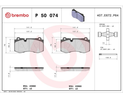 Brake Pad Set, disc brake BREMBO XTRA LINE P 50 074X, Image 2