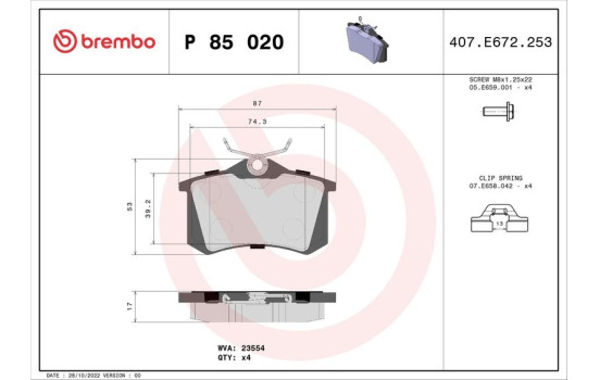Brake Pad Set, disc brake BREMBO XTRA LINE P 85 020X