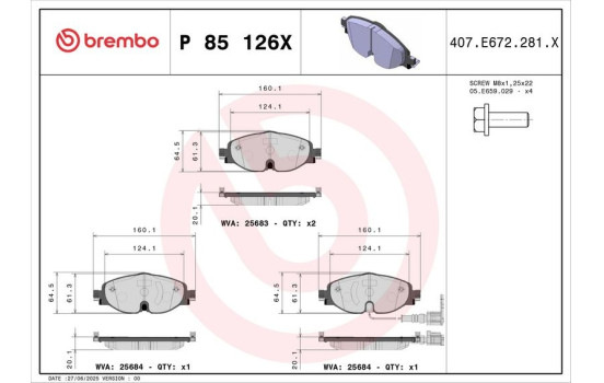 Brake Pad Set, disc brake BREMBO XTRA LINE P 85 126X, Image 2