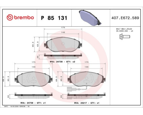 Brake Pad Set, disc brake BREMBO XTRA LINE P 85 131X, Image 2