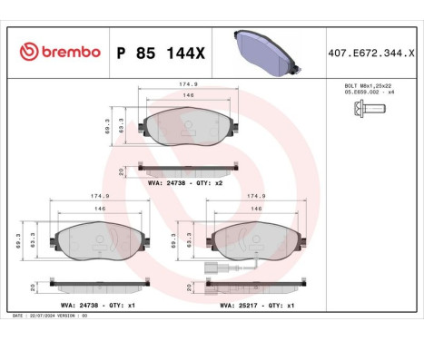 Brake Pad Set, disc brake BREMBO XTRA LINE P 85 144X, Image 2