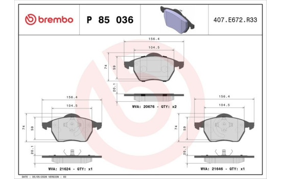 Brake Pad Set, disc brake DIRECTIONAL BRAKE PADS P 85 036 Brembo, Image 3