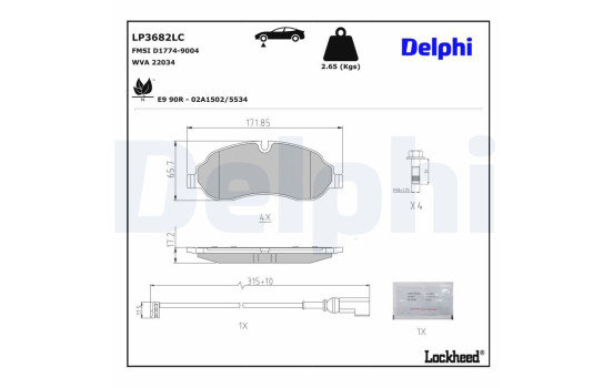 Brake pad set, disc brake LP3682LC Delphi