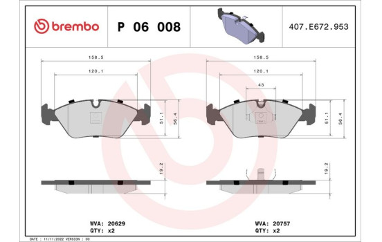 Brake Pad Set, disc brake P 06 008 Brembo, Image 2