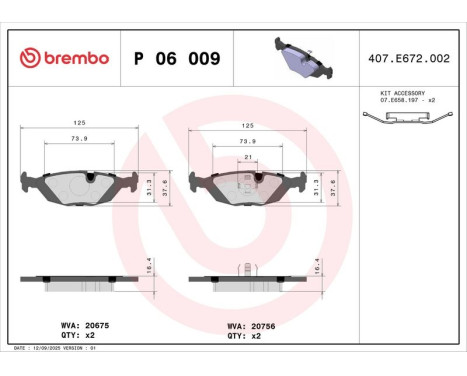 Brake Pad Set, disc brake P 06 009 Brembo, Image 2