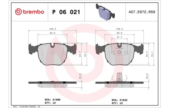 Brake Pad Set, disc brake P 06 021 Brembo, Image 2