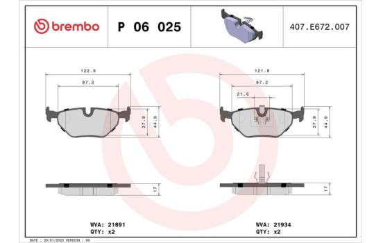 Brake Pad Set, disc brake P 06 025 Brembo, Image 2