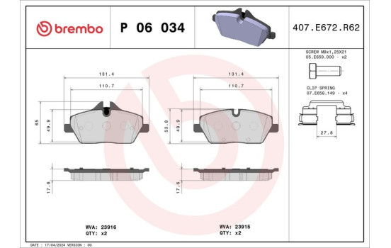 Brake Pad Set, disc brake P 06 034 Brembo, Image 2