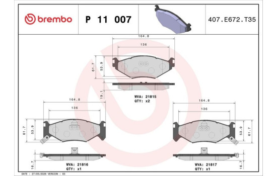 Brake Pad Set, disc brake P 11 007 Brembo, Image 3
