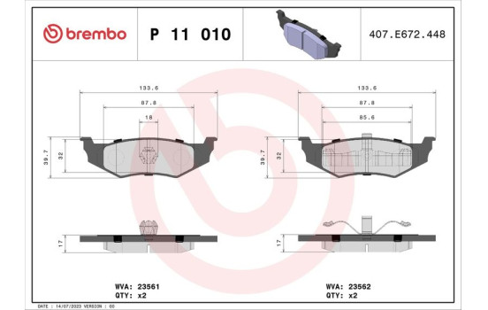 Brake Pad Set, disc brake P 11 010 Brembo, Image 2