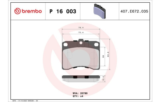 Brake Pad Set, disc brake P 16 003 Brembo, Image 2