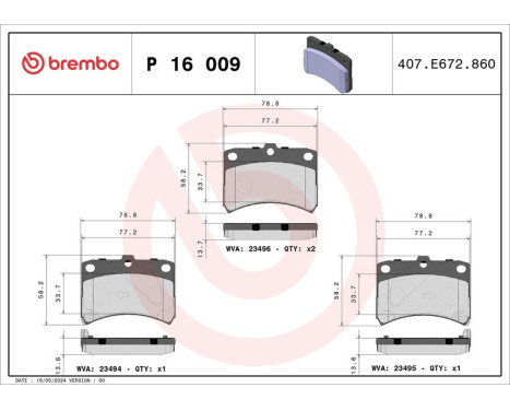 Brake Pad Set, disc brake P 16 009 Brembo, Image 3