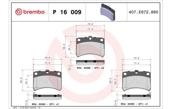 Brake Pad Set, disc brake P 16 009 Brembo, Image 2