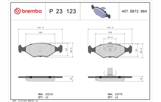 Brake Pad Set, disc brake P 23 123 Brembo, Image 2