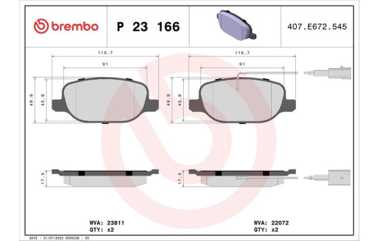 Brake Pad Set, disc brake P 23 166 Brembo, Image 2