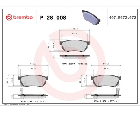 Brake Pad Set, disc brake P 28 008 Brembo, Image 3