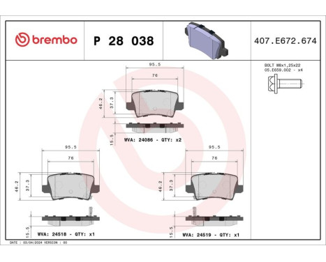 Brake Pad Set, disc brake P 28 038 Brembo, Image 3