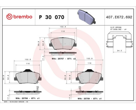 Brake Pad Set, disc brake P 30 070 Brembo, Image 3