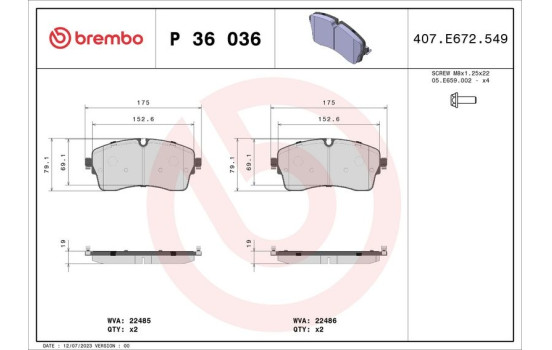 Brake Pad Set, disc brake P 36 036 Brembo