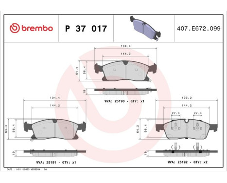 Brake Pad Set, disc brake P 37 017 Brembo, Image 3