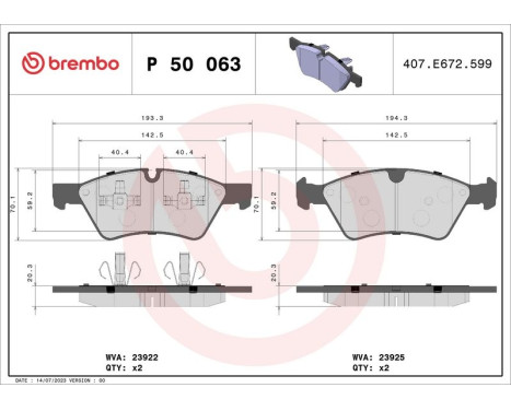 Brake Pad Set, disc brake P 50 063 Brembo, Image 3