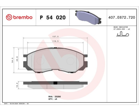 Brake Pad Set, disc brake P 54 020 Brembo, Image 3