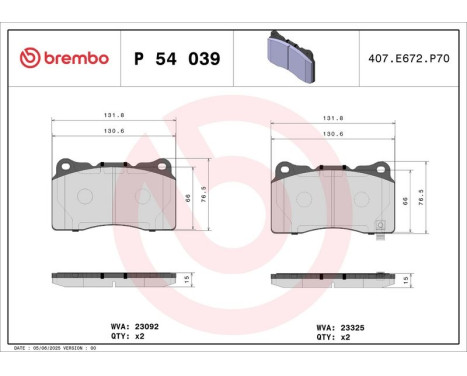 Brake Pad Set, disc brake P 54 039 Brembo, Image 3