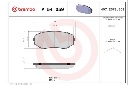 Brake Pad Set, disc brake P 54 059 Brembo