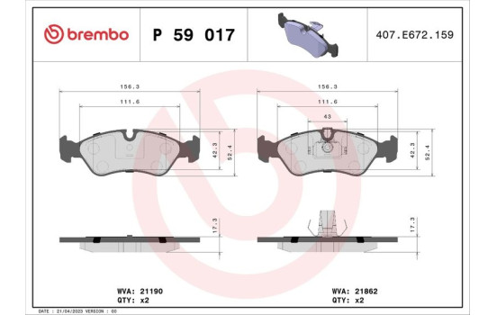 Brake Pad Set, disc brake P 59 017 Brembo, Image 2