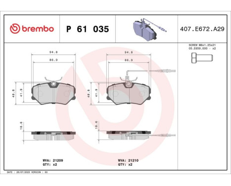 Brake Pad Set, disc brake P 61 035 Brembo, Image 3