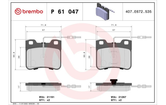 Brake Pad Set, disc brake P 61 047 Brembo, Image 2