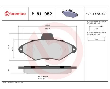 Brake Pad Set, disc brake P 61 052 Brembo, Image 3