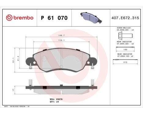 Brake Pad Set, disc brake P 61 070 Brembo, Image 3