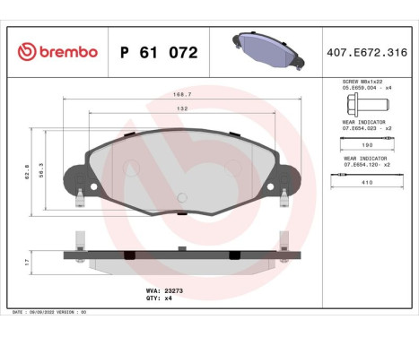 Brake Pad Set, disc brake P 61 072 Brembo, Image 3