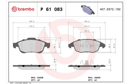 Brake Pad Set, disc brake P 61 083 Brembo, Image 2