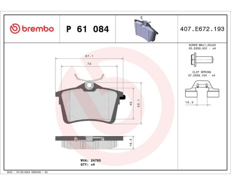 Brake Pad Set, disc brake P 61 084 Brembo, Image 3