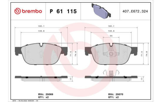 Brake Pad Set, disc brake P 61 115 Brembo, Image 2